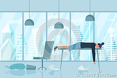 Professional burnout syndrome. Exhausted sick tired female manager in office sad boring lies with head down on table Vector Illustration