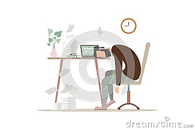 Professional burnout syndrome. Exhausted sick tired male manager in office sad boring sitting with head down on laptop. Frustrated Vector Illustration