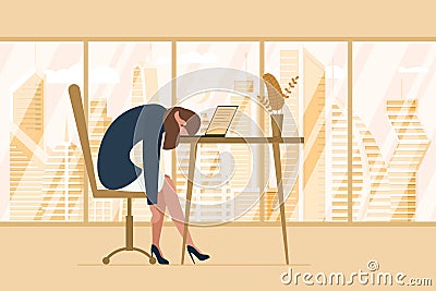 Professional burnout syndrome. Exhausted tired female manager in office sad boring sitting head down on laptop Vector Illustration