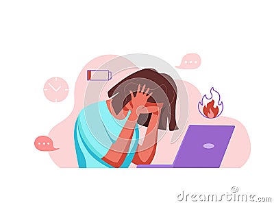 Professional burnout syndrome exhausted woman tired sitting at her workplace in office holding her head vector Vector Illustration