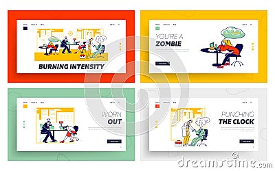 Professional Burnout Syndrome Landing Page Template Set. Business People Characters with Low Battery Level Vector Illustration