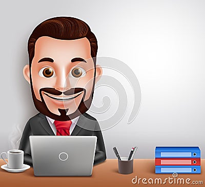 Professional Business Man Vector Character Busy Working in Office Desk Vector Illustration