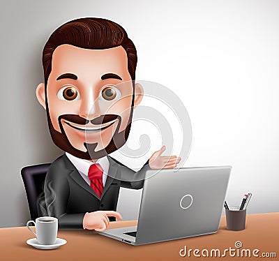 Professional Business Man Vector Character Happy Sitting and Working in Office Desk Vector Illustration