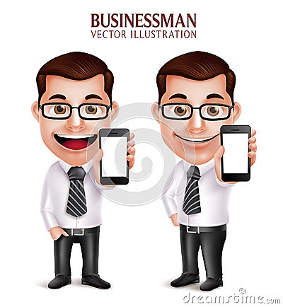 Professional Business Man Vector Character Holding Mobile Phone Vector Illustration