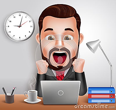 Professional Business Man Vector Character with Shocked and Surprised Expression Working in Office Desk Vector Illustration