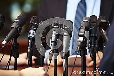 Professional Business Meeting with Journalists Microphones and Conference Discussion. created with Generative AI Stock Photo