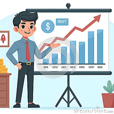 Professional Businessman Presenting Profit Growth Chart in Office Setting During Daytime Stock Photo