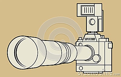 Professional camera with big and long zoom lens Vector Illustration