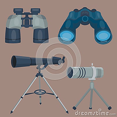 Professional camera lens binoculars glass look-see spyglass optics device camera digital focus optical equipment vector Vector Illustration