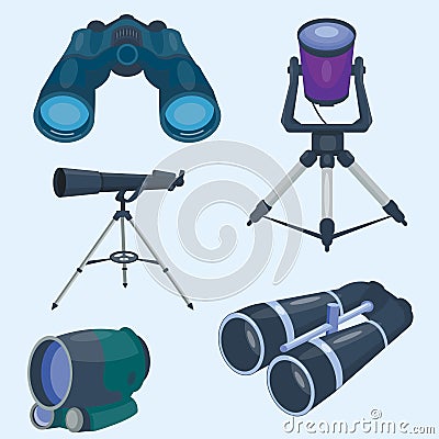 Professional camera lens binoculars glass look-see spyglass optics device camera digital focus optical equipment vector Vector Illustration