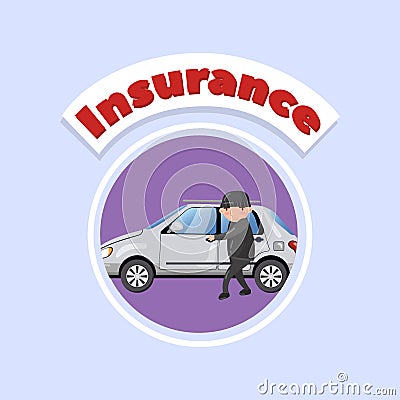 Professional car thief character stealing and breaking car door, car insurance concept vector Illustration, cartoon Vector Illustration