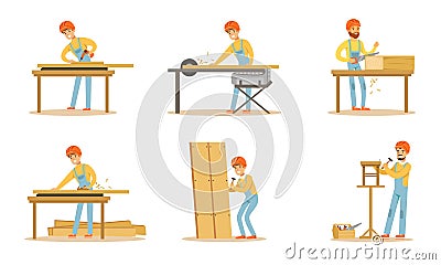 Professional Carpenter Character Doing His Daily Work Vector Illustration Set Isolated On White Background Vector Illustration