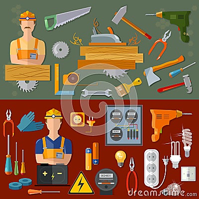 Professional carpenter and professional electrician Vector Illustration