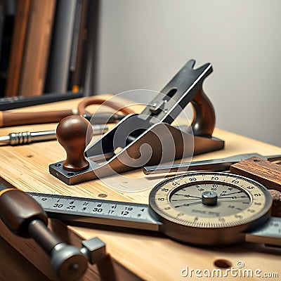 A professional carpentry tool display featuring precision tools like a block plane calipers and a measuring wheel captured in soft Stock Photo