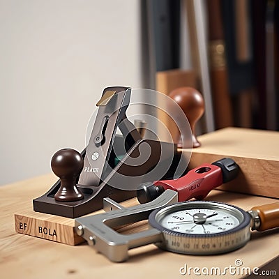 A professional carpentry tool display featuring precision tools like a block plane calipers and a measuring wheel captured in soft Stock Photo