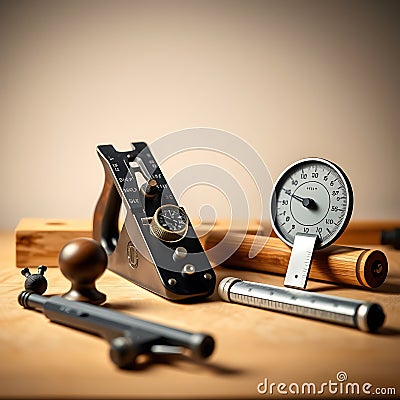 A professional carpentry tool display featuring precision tools like a block plane calipers and a measuring wheel captured in soft Stock Photo