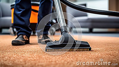 Professional Carpet Cleaning Service. Janitor Using Vacuum Cleaner. Generative Ai Stock Photo