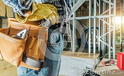 Professional Caucasian Construction Contractor Workers Tools Belt Stock Photo