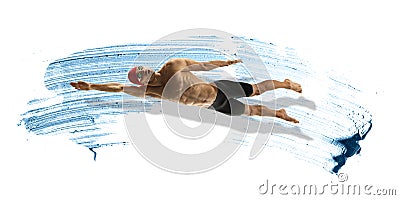 Professional caucasian swimmer moving in paint brushstroke, watercolor. Grace of motion and action. Artwork. Stock Photo