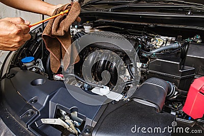 Professional check engine oil details and cleaning Stock Photo