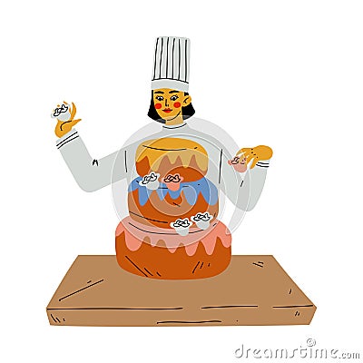 Professional Chef Baking and Decorating Cake, Kitchener Character Wearing Classic Traditional White Uniform Cooking in Vector Illustration