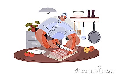 Professional chef cooking food, cook dish, prepare meal. Woman in uniform mincing meat on slice with knife on chopping Vector Illustration