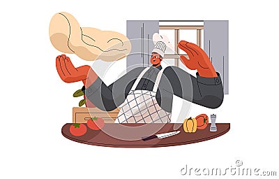 Professional chef cooking food. Young man in hat, apron prepare eating. Person cook vegetarian pizza, toss dough in air Vector Illustration