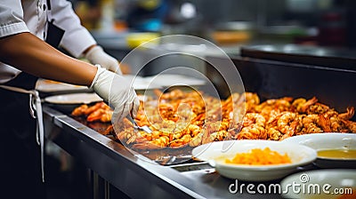 professional chef cooking tiger prawn on modern kitchen with blurred background and copy space Stock Photo