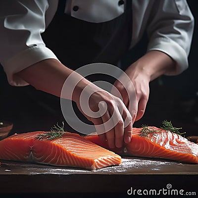 Professional chef prepares pieces of red fish salmon Stock Photo