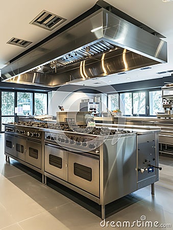 Professional chef's kitchen interior with expansive stainless steel workspaces and a robust gas cooking range. Stock Photo