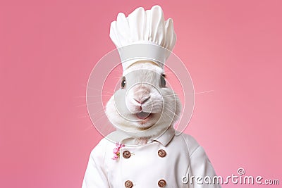Professional Chef White Rabbit Cooking Close-Up Cartoon Illustration
