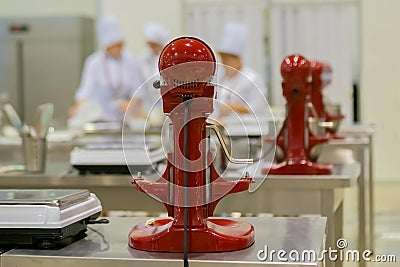 Professional chef workplace with modern food mixers at cuisine of restaurant Stock Photo