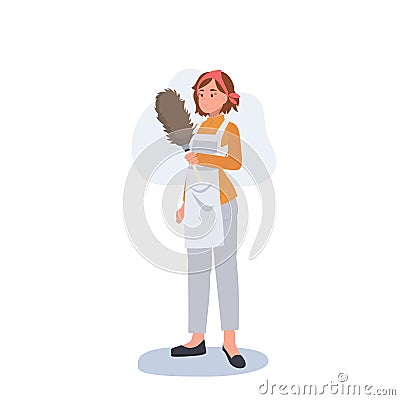 Professional Cleaner. Lady working as housekeeper is holding a dust remover stick. Flat vector illustration Vector Illustration