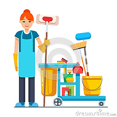 Professional cleaner woman with janitor cart Vector Illustration