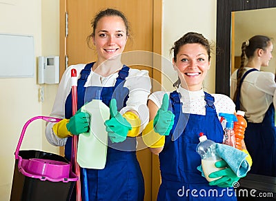 Professional cleaners with cleansers Stock Photo