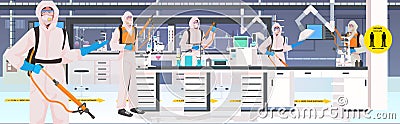 Professional cleaners in hazmat suits janitors cleaning and disinfecting coronavirus cells in chemical laboratory Vector Illustration
