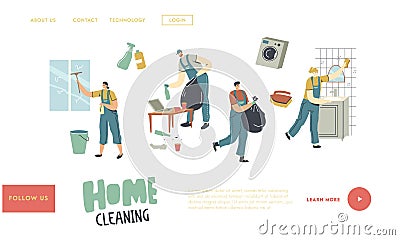 Professional Cleaners Service Work Landing Page Template. Characters in Uniform Cleaning Windows, Bathroom Vector Illustration