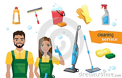 Professional cleaners team. Vector set of cleaning tools. Vector illustration of cartoon asian characters Vector Illustration