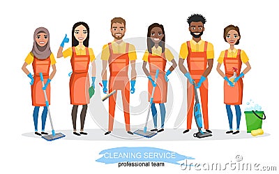 Professional cleaners team. Young multiracial smiling people are holding cleaning tools. Vector illustration of cartoon Vector Illustration