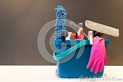 Professional cleaning bucket with accessories. Cleaning products concept. Stock Photo