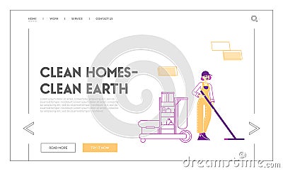 Professional Cleaning Company Service Landing Page Template. Female Character Sweeping and Mopping Floor with Mop Vector Illustration