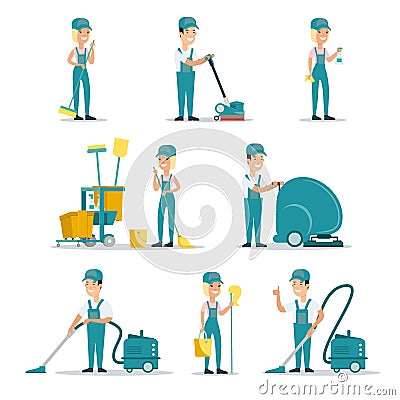 Professional cleaning service people cleaner flat Cartoon Illustration