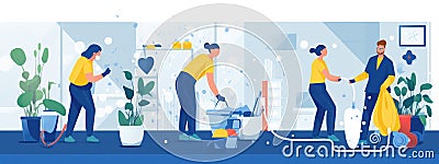 professional cleaning team with equipment to provide cleaning services for home or office interiors Stock Photo