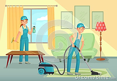 Professional cleaning workers cleaning living room. Man and woman characters, cleaning company staff Vector Illustration