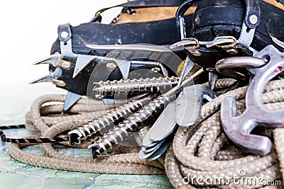 Professional climbing gear - rope, ice screws, crampon hobnaile Stock Photo