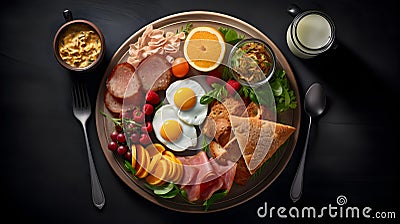 Professional food photography of different kind healthy breakfast set, beautifully decorated, view from top Stock Photo