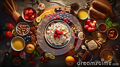 Professional food photography of different kind healthy breakfast set, beautifully decorated, view from top Stock Photo