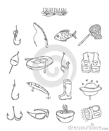 Professional collection of icons and elements. Fishing set of hand drawn elements, doodles isolated on white background. Vector Cartoon Illustration