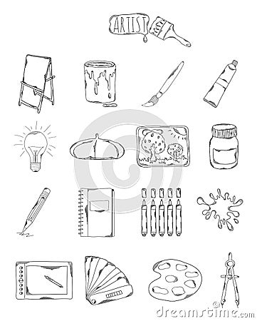 Professional collection of icons and elements. Set artistic hand drawn elements, doodles isolated on white background. Vector Cartoon Illustration