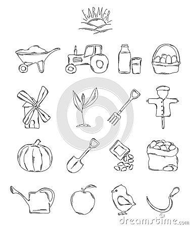 Professional collection of icons and elements. A set of farmer, farm hand drawn elements ,doodles on white background. Ve Cartoon Illustration